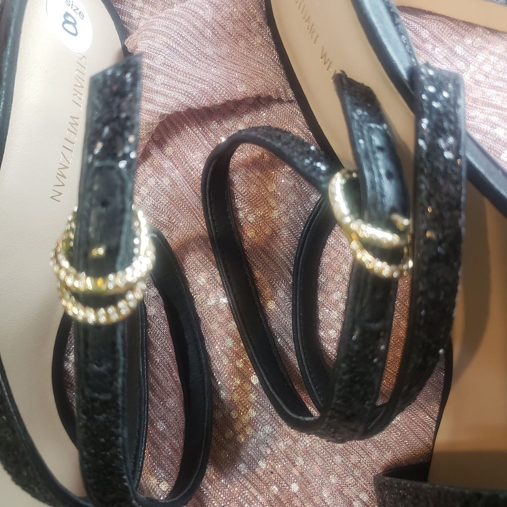 Stuart Weitzman Black Glitter Strappy Ankle Strap Heel Sandals Size 8 - Picture 8 of 9